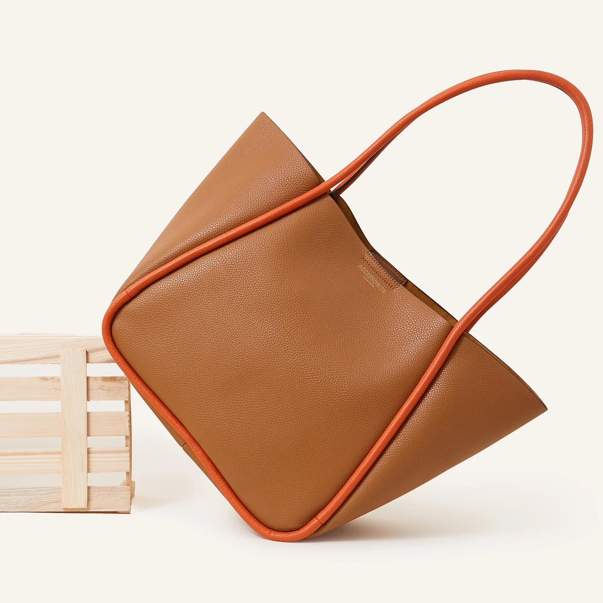 Tan Contrast Piping Shoulder Bag