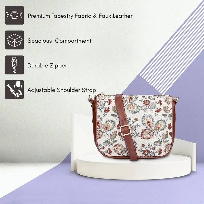 THE CLOWNFISH Garnet Series Tapestry Fabric Crossbody Sling Bag for Women Ladies Single Shoulder Bag Shoulder Belt (Purple -Floral)