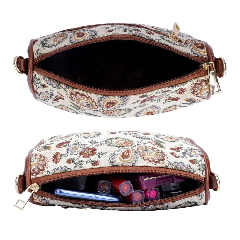 THE CLOWNFISH Garnet Series Tapestry Fabric Crossbody Sling Bag for Women Ladies Single Shoulder Bag Shoulder Belt (Purple -Floral)