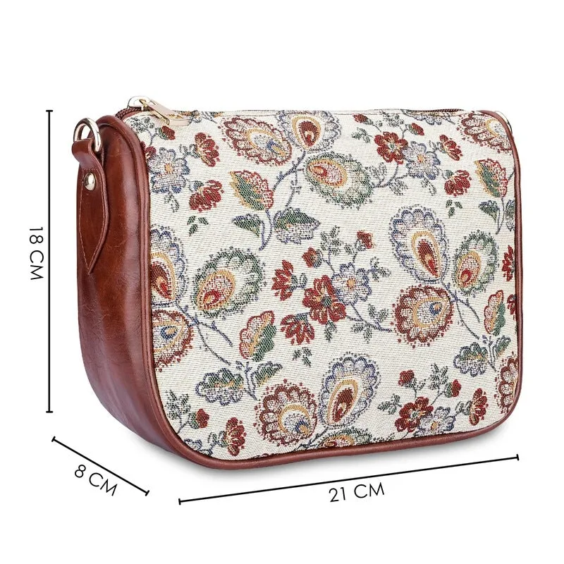 THE CLOWNFISH Garnet Series Tapestry Fabric Crossbody Sling Bag for Women Ladies Single Shoulder Bag Shoulder Belt (Purple -Floral)