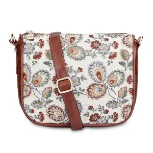 THE CLOWNFISH Garnet Series Tapestry Fabric Crossbody Sling Bag for Women Ladies Single Shoulder Bag Shoulder Belt (Purple -Floral)