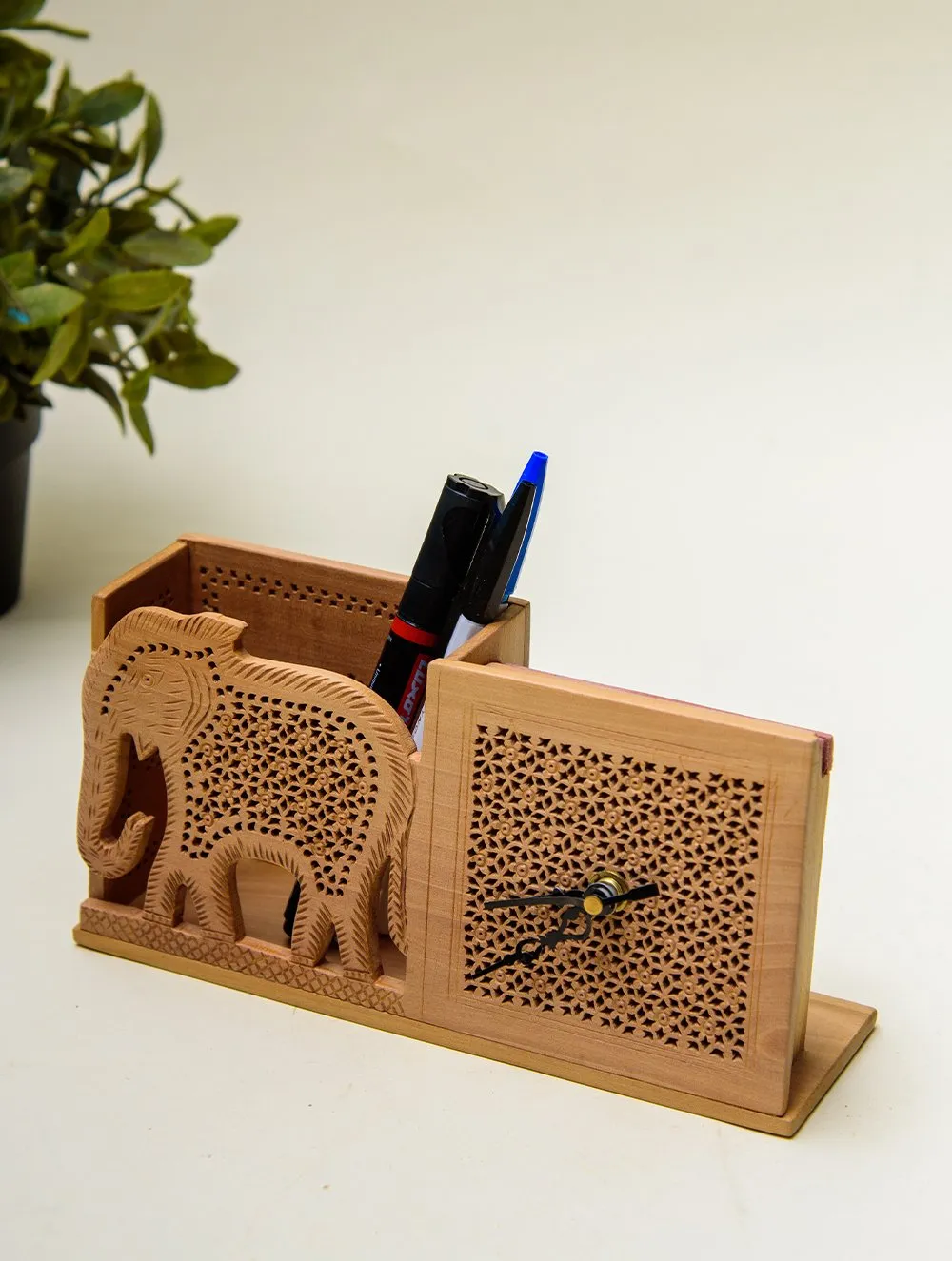 The India Craft House Intricate, Wooden Jaali Elephant Pen Stand with Clock