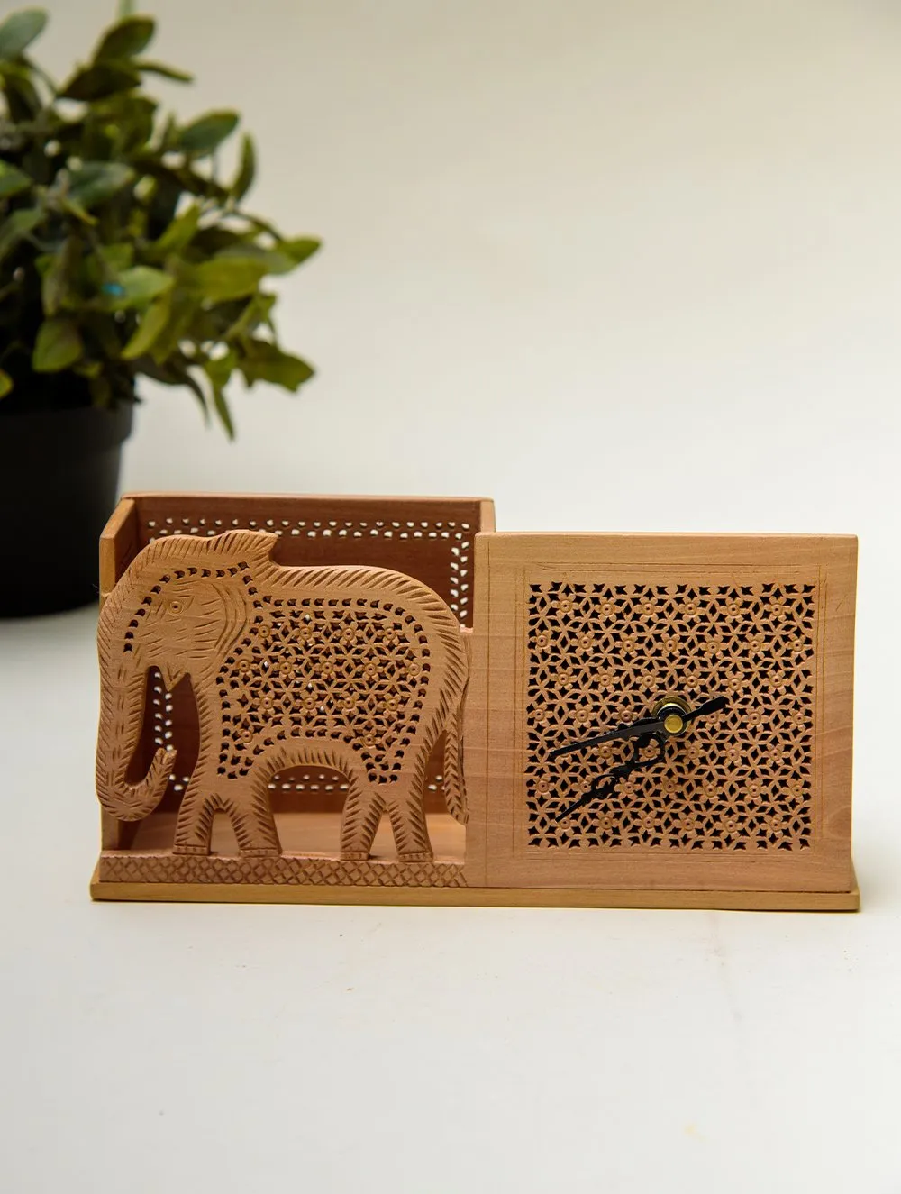 The India Craft House Intricate, Wooden Jaali Elephant Pen Stand with Clock