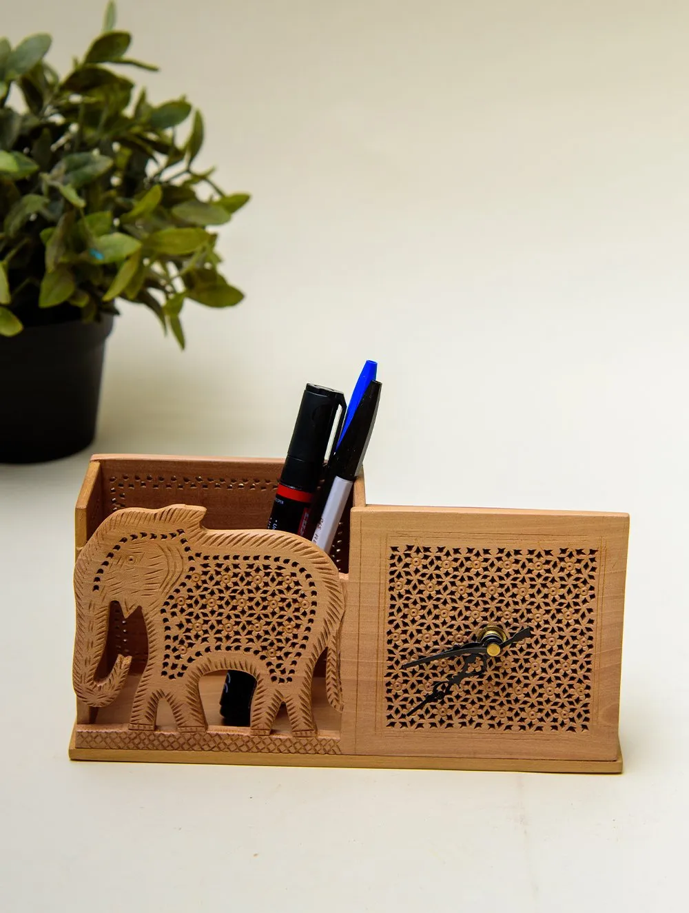 The India Craft House Intricate, Wooden Jaali Elephant Pen Stand with Clock