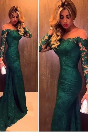 Trumpet/Mermaid Long Sleeves Off-The-Shoulder Lace Sweep/Brush Train Evening Dresses