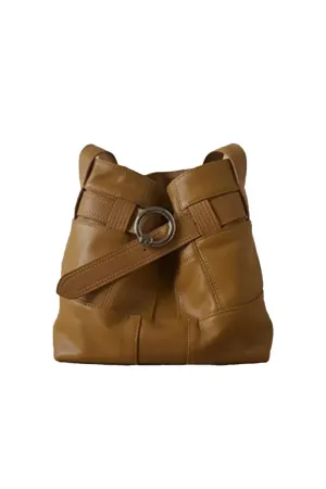 Vintage Belted Leather Boho Bucket Bag