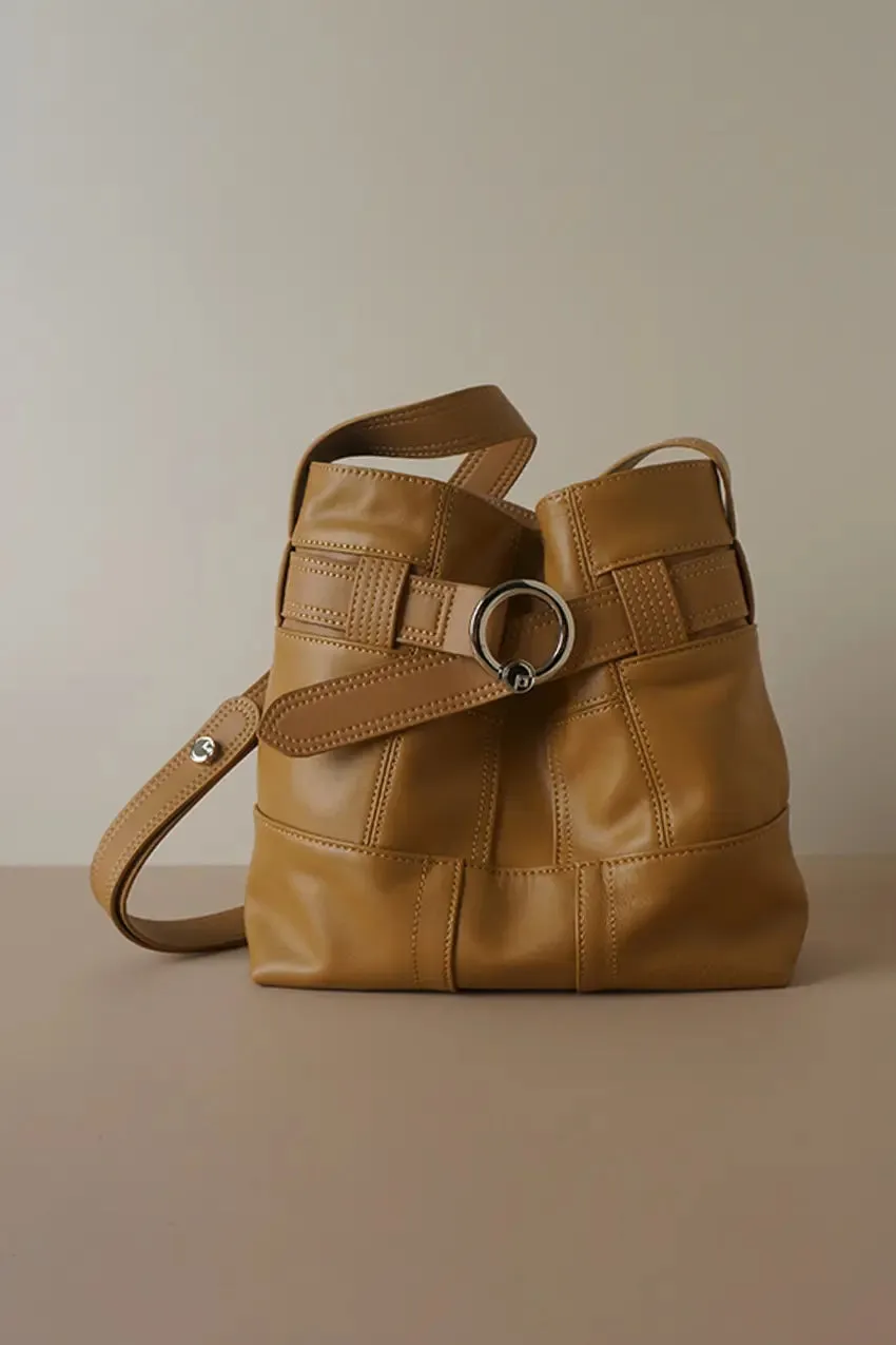 Vintage Belted Leather Boho Bucket Bag