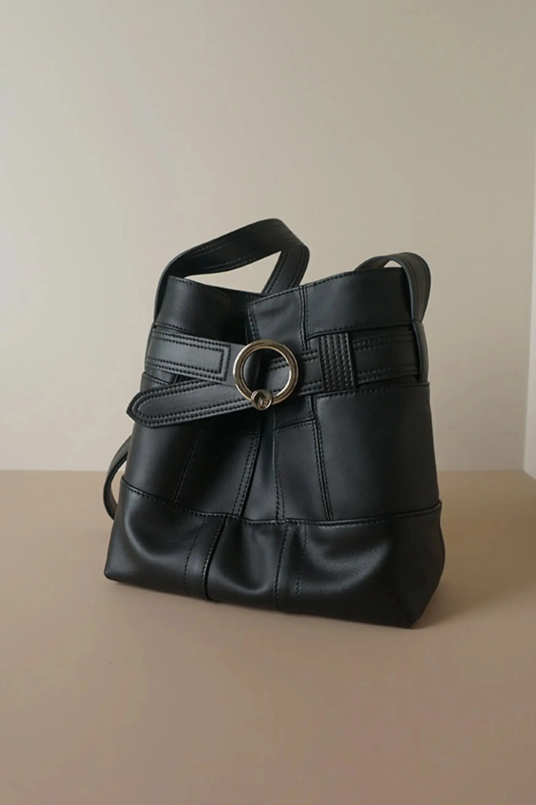 Vintage Belted Leather Boho Bucket Bag