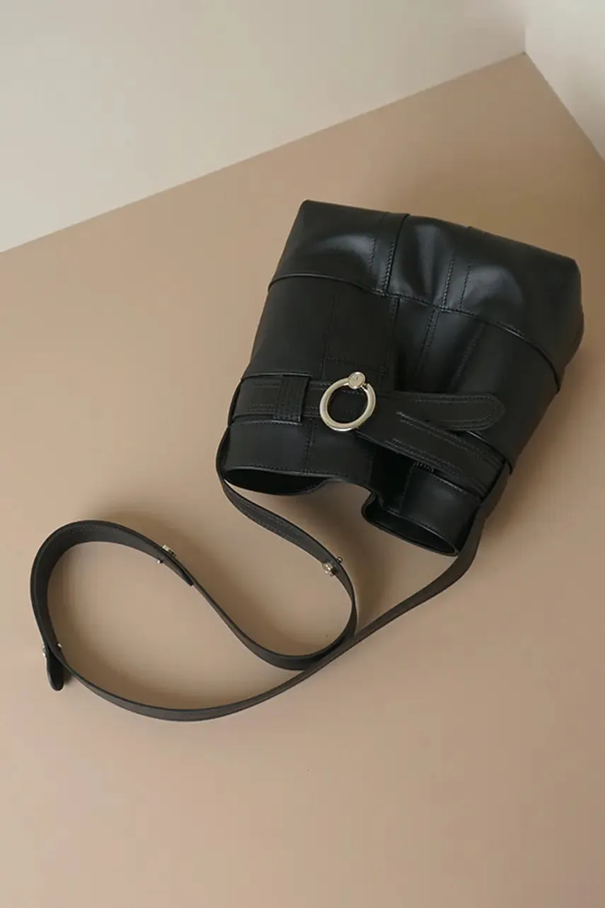 Vintage Belted Leather Boho Bucket Bag