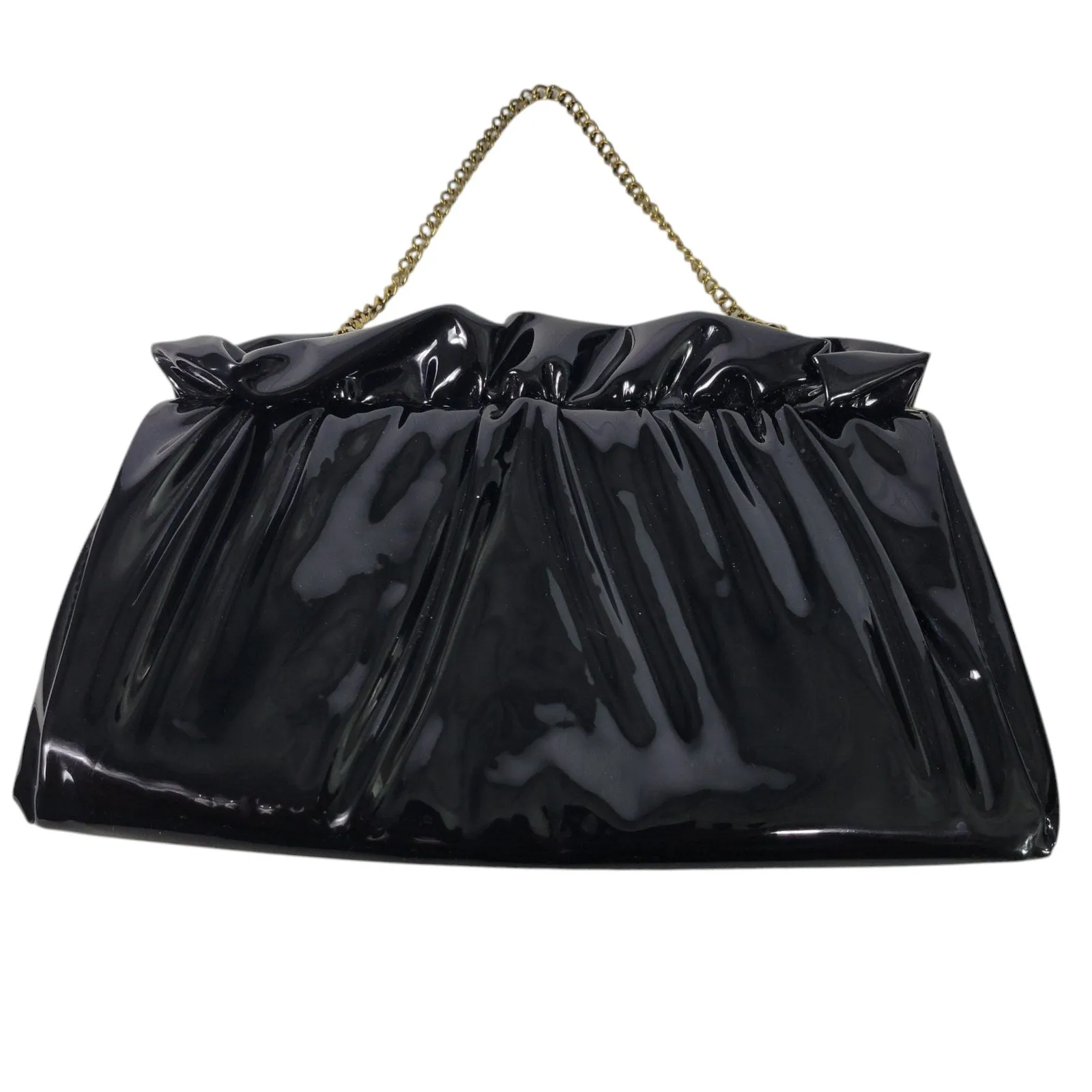 Vintage Vinyl Gathered Hand Bag Black Patent Leather Shiny Evening Clutch Frame Kiss Lock Chain Handle Small