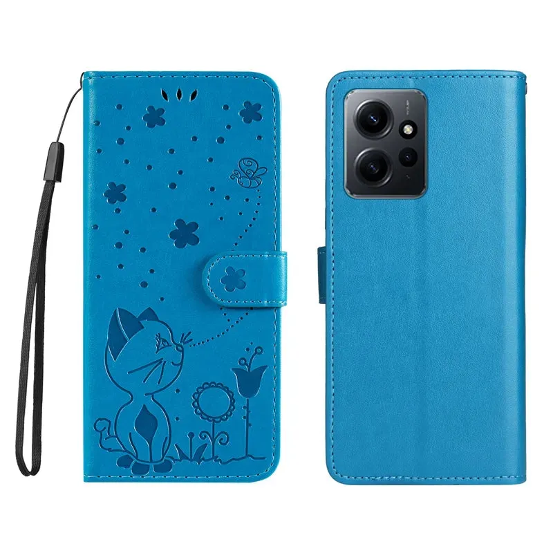 Wallet Cat And Bee Embossed Leather Cover For Redmi A2 Lite Xiaomi 13 Pro 12 Pro 12T 11T 10 Pro Cover