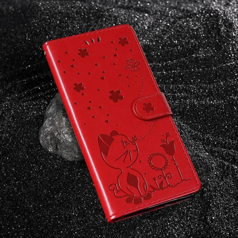 Wallet Cat And Bee Embossed Leather Cover For Redmi A2 Lite Xiaomi 13 Pro 12 Pro 12T 11T 10 Pro Cover