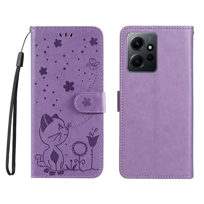 Wallet Cat And Bee Embossed Leather Cover For Redmi A2 Lite Xiaomi 13 Pro 12 Pro 12T 11T 10 Pro Cover