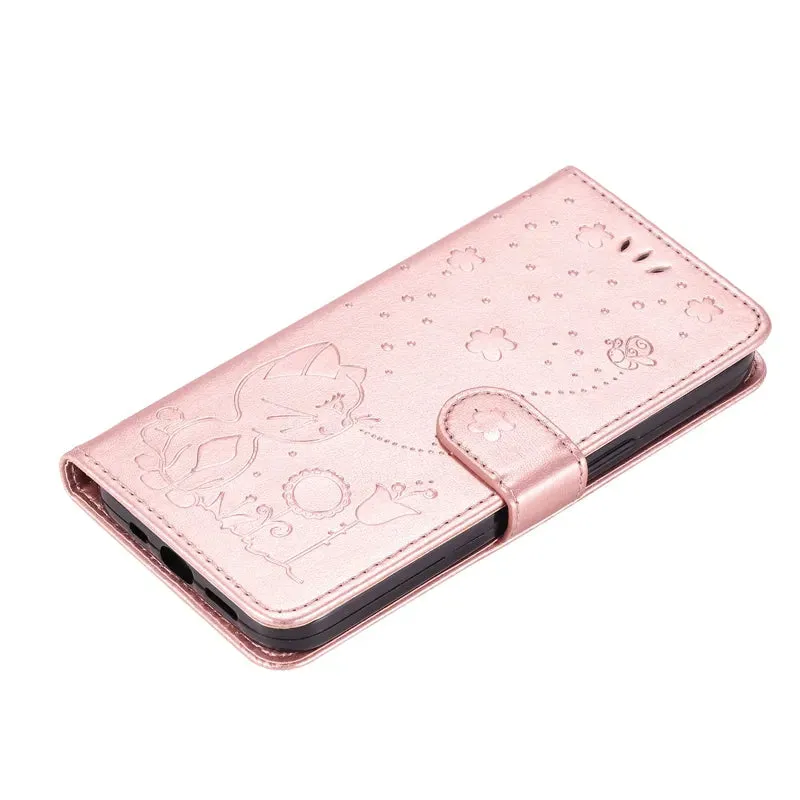 Wallet Cat And Bee Embossed Leather Cover For Redmi A2 Lite Xiaomi 13 Pro 12 Pro 12T 11T 10 Pro Cover