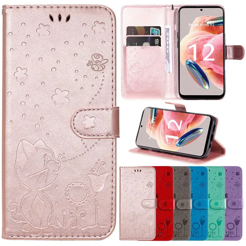 Wallet Cat And Bee Embossed Leather Cover For Redmi A2 Lite Xiaomi 13 Pro 12 Pro 12T 11T 10 Pro Cover