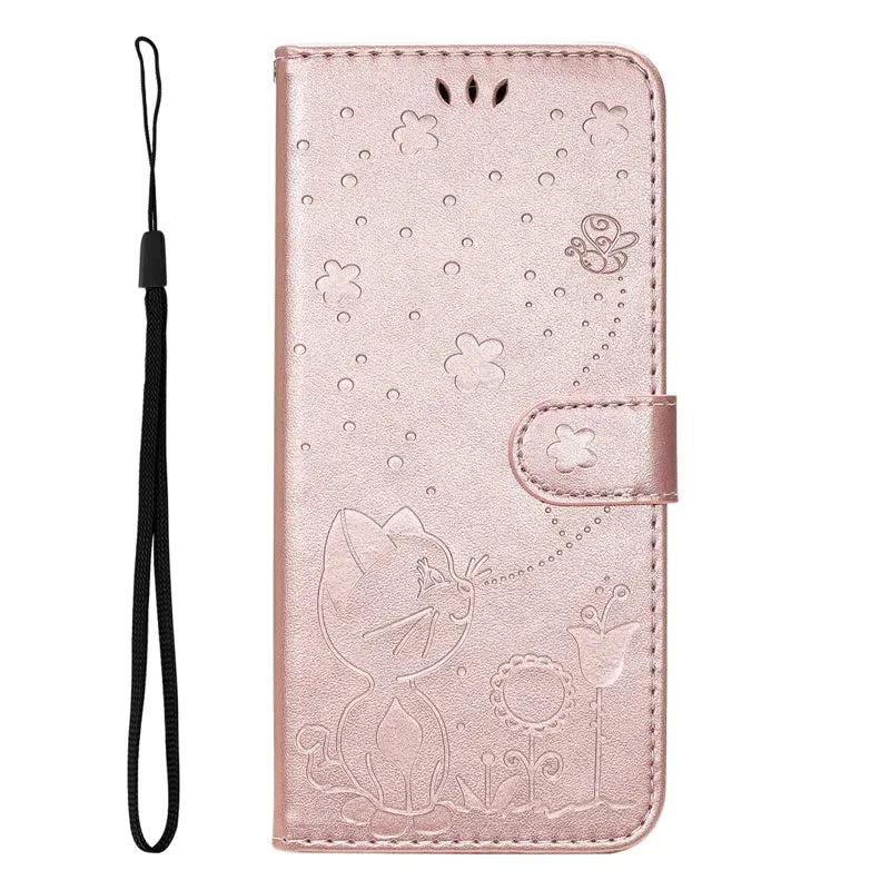 Wallet Cat And Bee Embossed Leather Cover For Redmi A2 Lite Xiaomi 13 Pro 12 Pro 12T 11T 10 Pro Cover