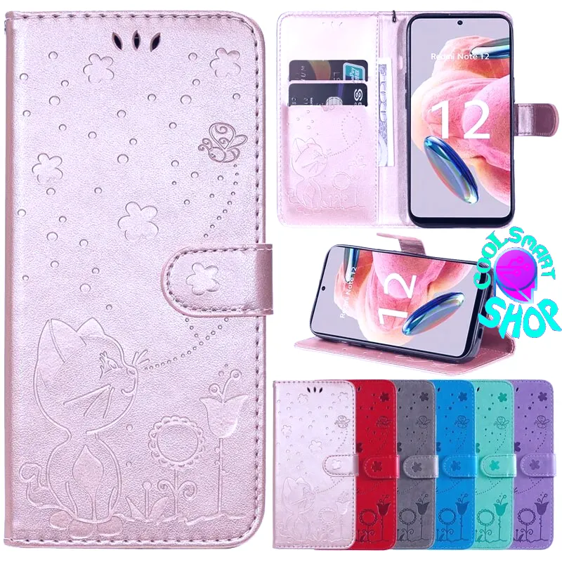 Wallet Cat And Bee Embossed Leather Cover For Redmi A2 Lite Xiaomi 13 Pro 12 Pro 12T 11T 10 Pro Cover