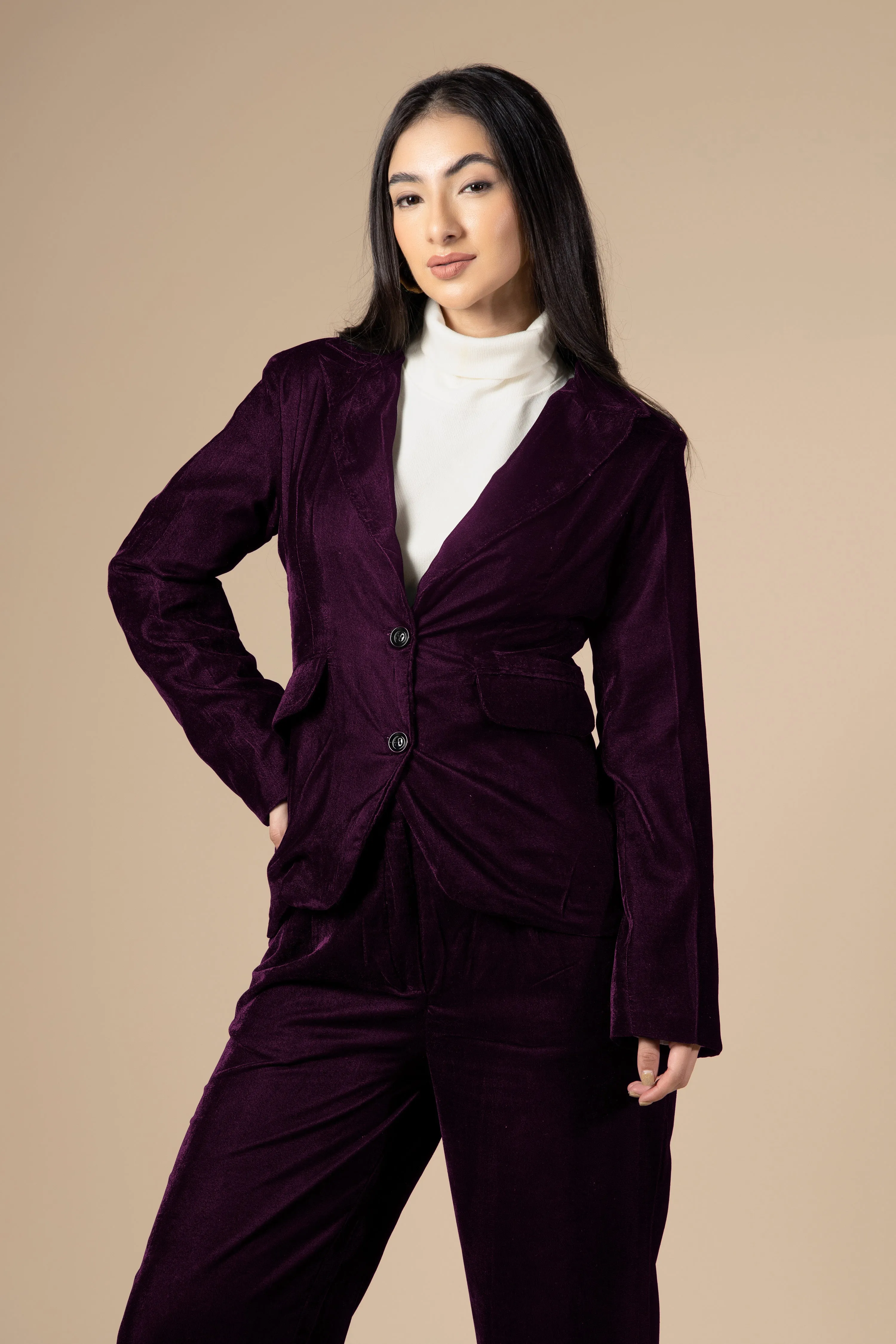 Wine Dual Tone Luxurious Velvet Blazer For Women