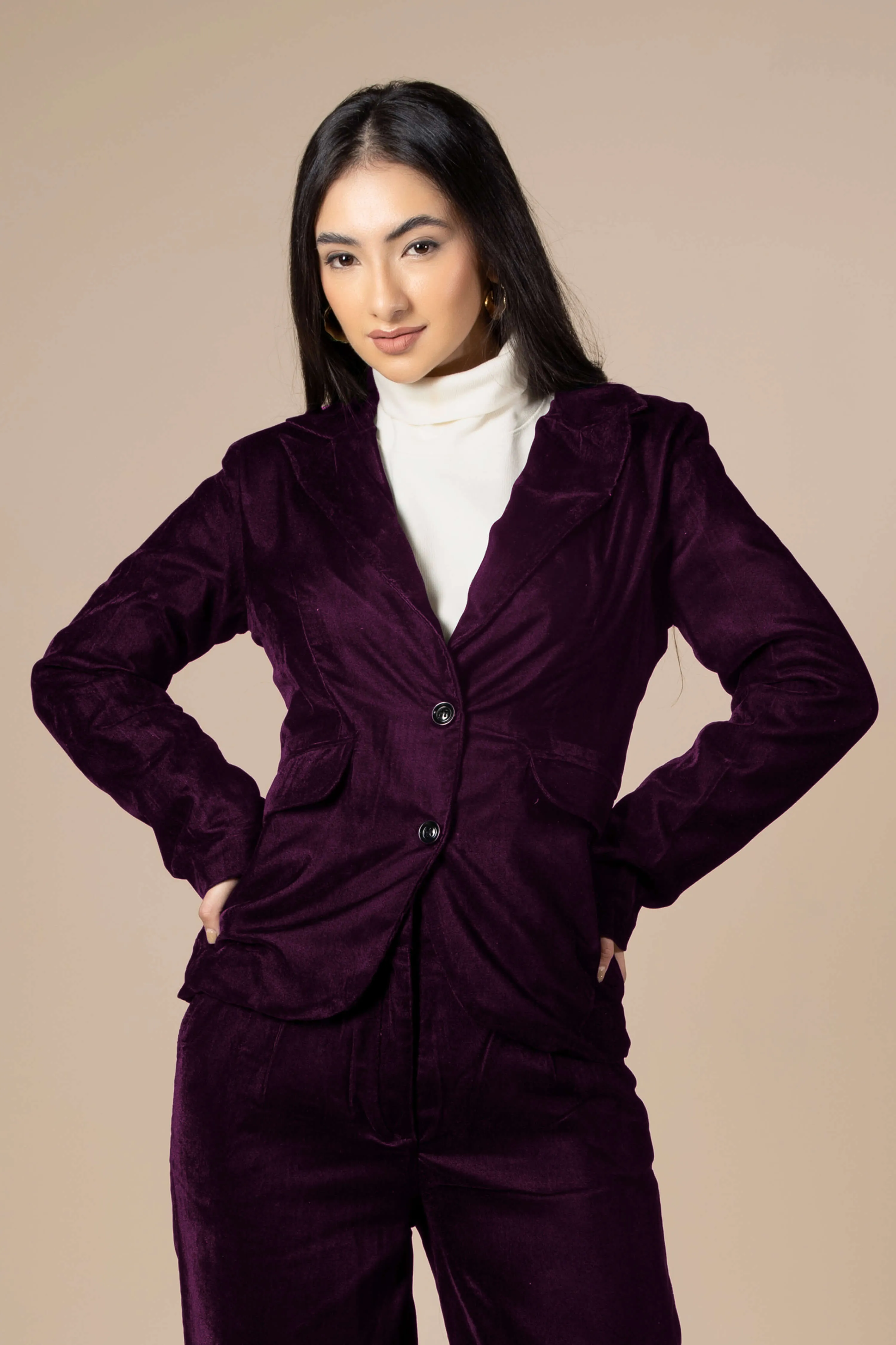 Wine Dual Tone Luxurious Velvet Blazer For Women