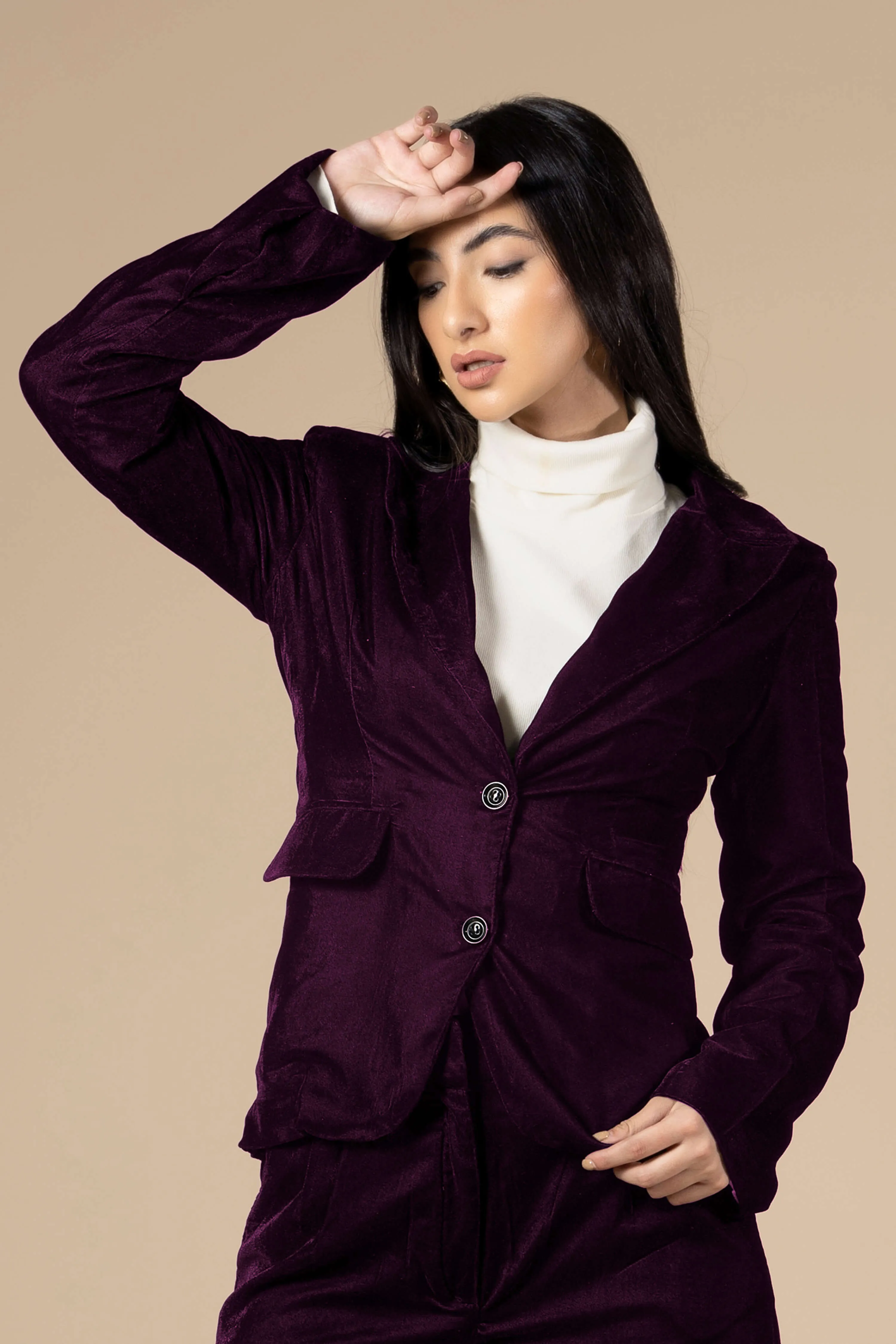 Wine Dual Tone Luxurious Velvet Blazer For Women