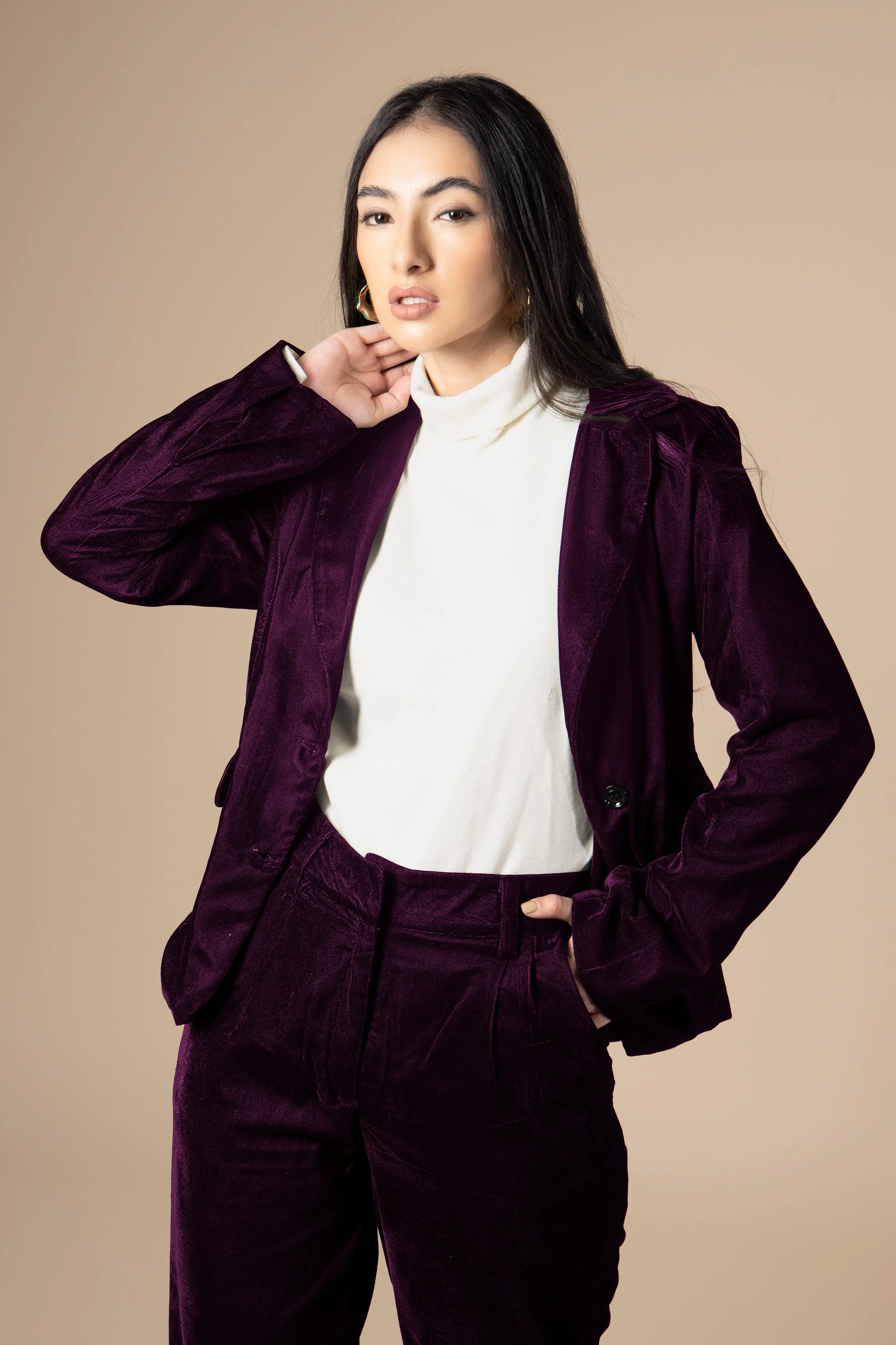 Wine Dual Tone Luxurious Velvet Blazer For Women