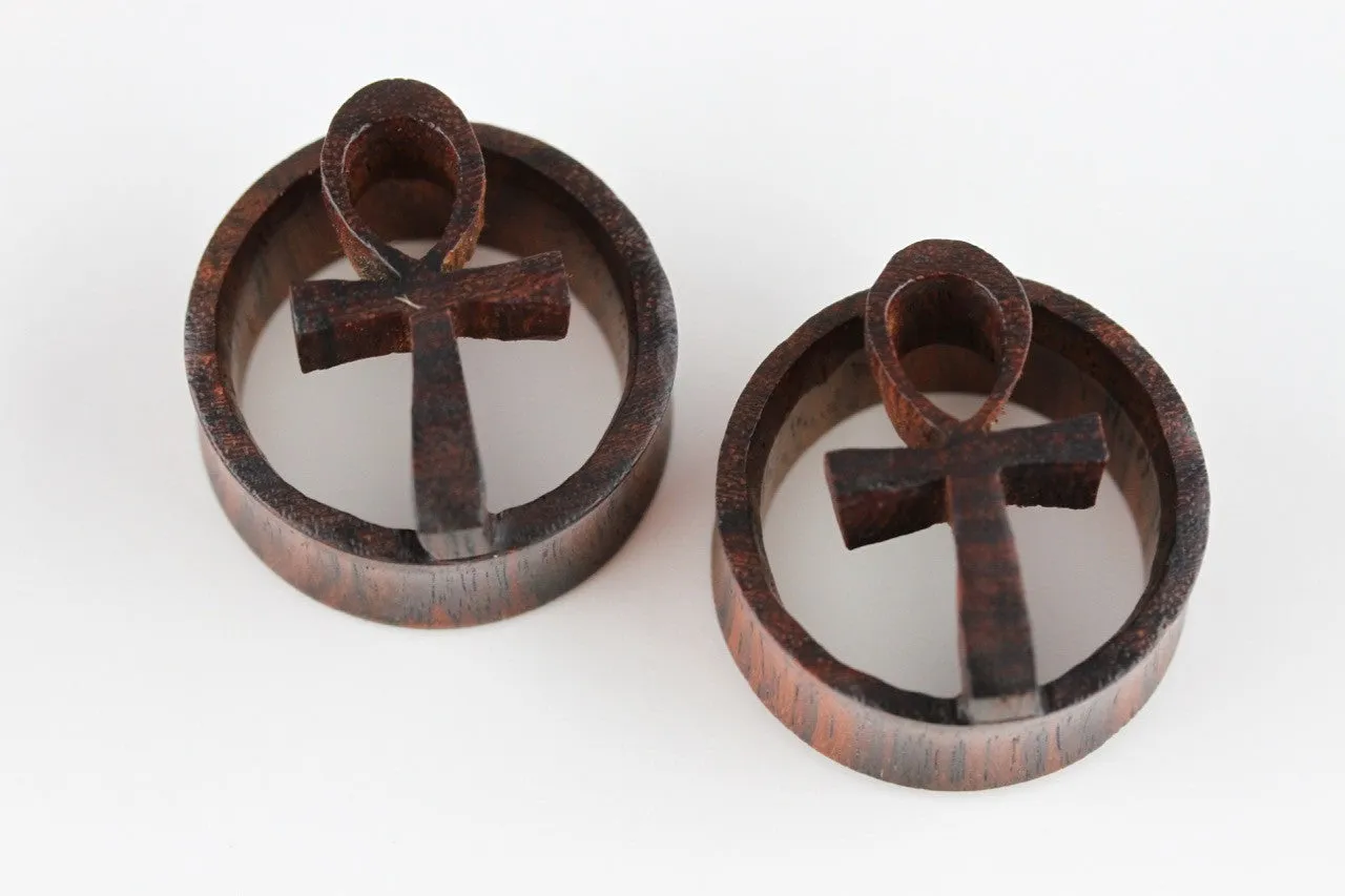 Wooden Ankh Plugs for Stretched Ears - Hand Carved Wood (Pair) - PA54