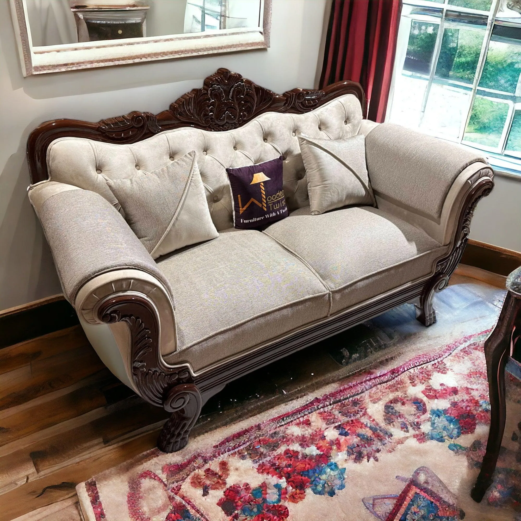 Wooden Twist Magnifica Button Tufted Hand Carved Teak Wood Soft Upholstery 2 Seater Sofa With Two Abstract Pillow