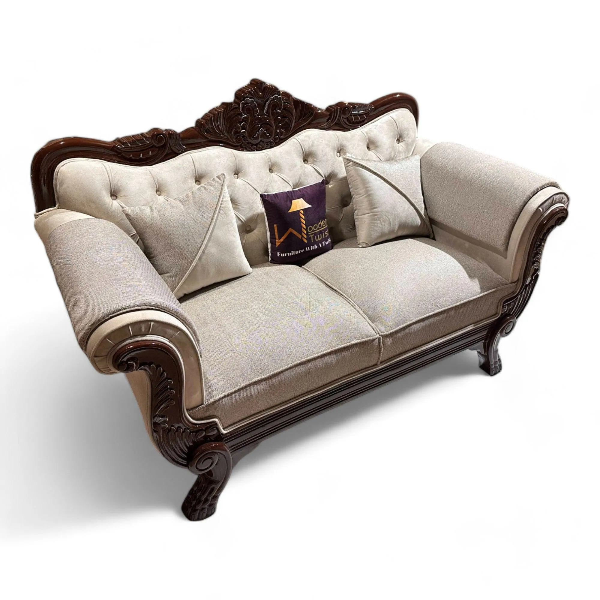 Wooden Twist Magnifica Button Tufted Hand Carved Teak Wood Soft Upholstery 2 Seater Sofa With Two Abstract Pillow