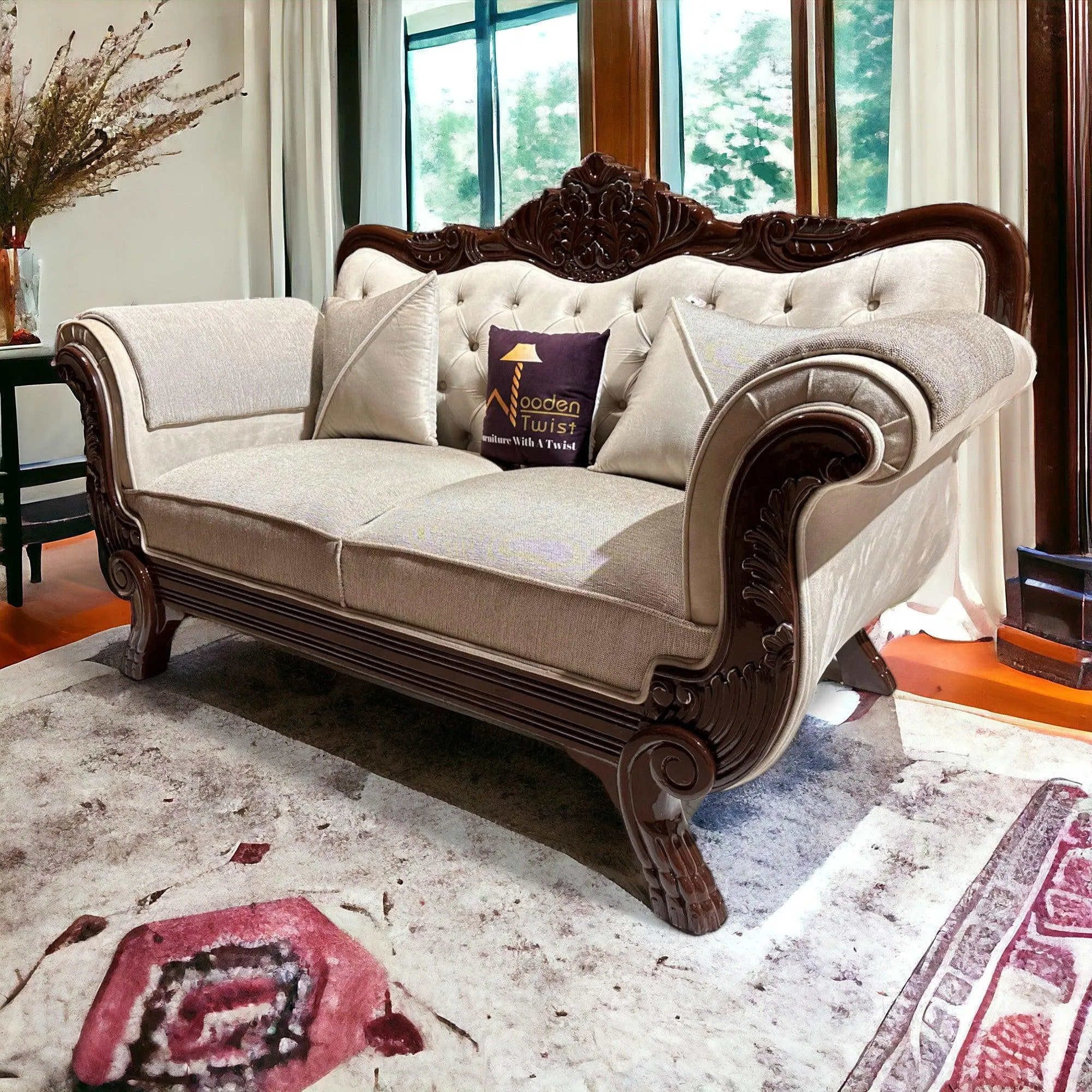 Wooden Twist Magnifica Button Tufted Hand Carved Teak Wood Soft Upholstery 2 Seater Sofa With Two Abstract Pillow