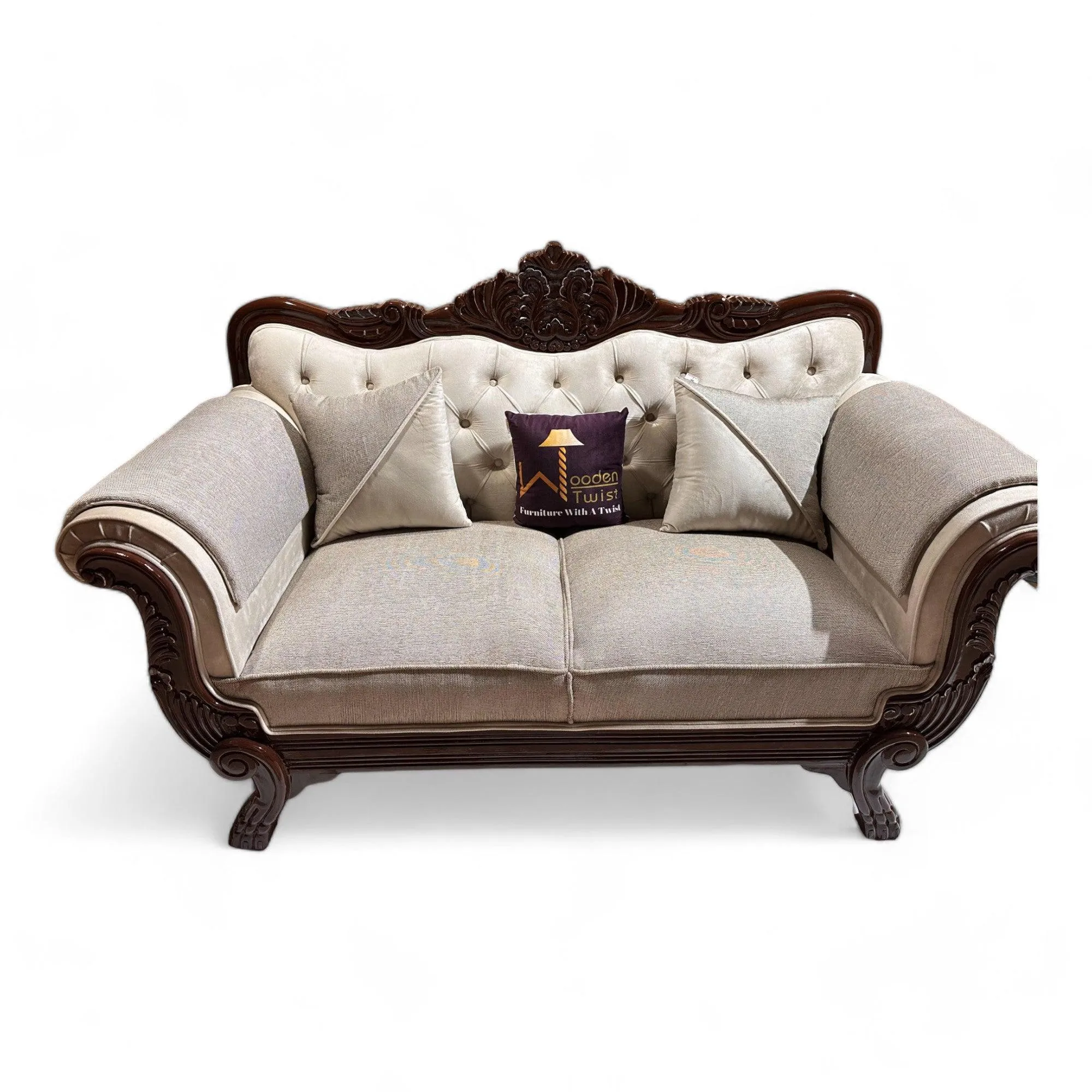 Wooden Twist Magnifica Button Tufted Hand Carved Teak Wood Soft Upholstery 2 Seater Sofa With Two Abstract Pillow