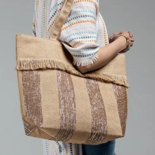 Woven Jute Stripe Metallic Tote Bag summer shoulder bag