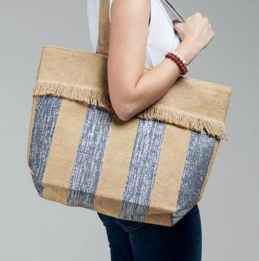 Woven Jute Stripe Metallic Tote Bag summer shoulder bag