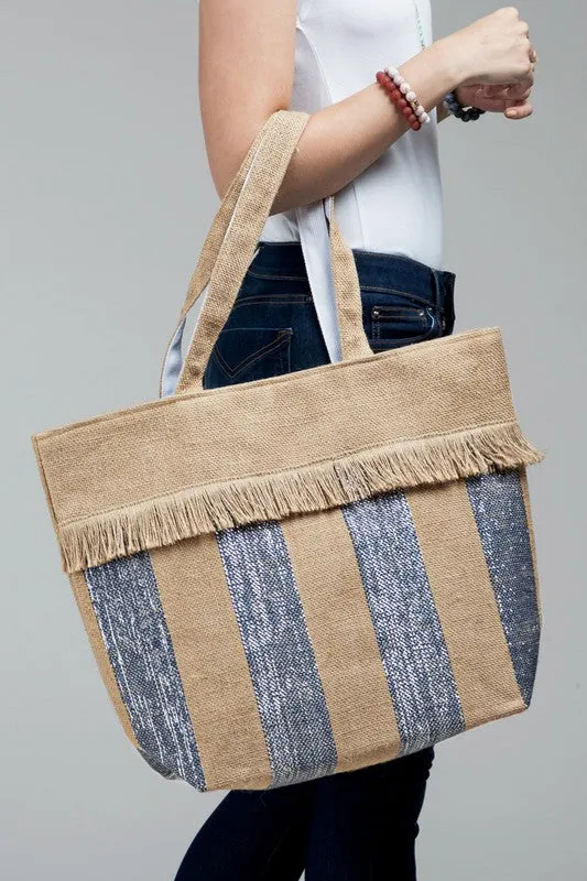 Woven Jute Stripe Metallic Tote Bag summer shoulder bag