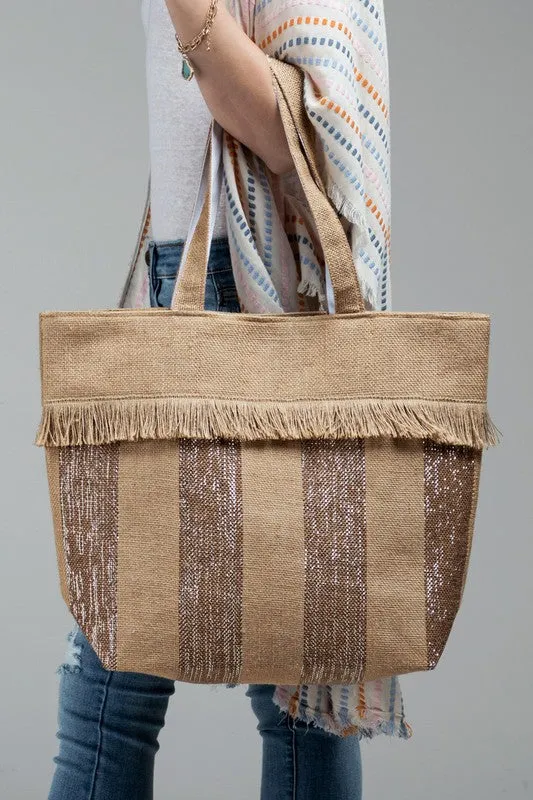 Woven Jute Stripe Metallic Tote Bag summer shoulder bag