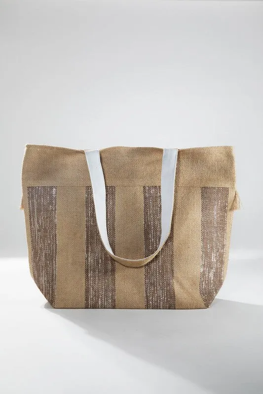 Woven Jute Stripe Metallic Tote Bag summer shoulder bag