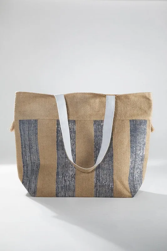 Woven Jute Stripe Metallic Tote Bag summer shoulder bag