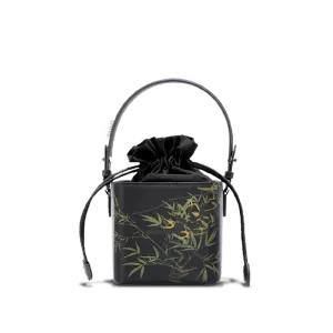 Xiangyunsha Silk Black Bamboo Print Mini Cube Bucket Bag