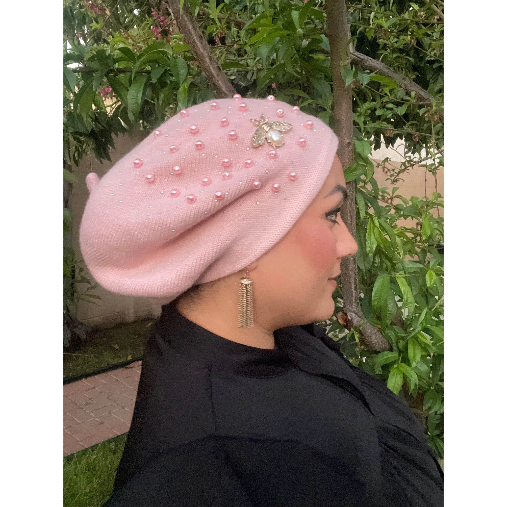 Yeela’s Exquisite Beret - Pink Pearls/Crystals