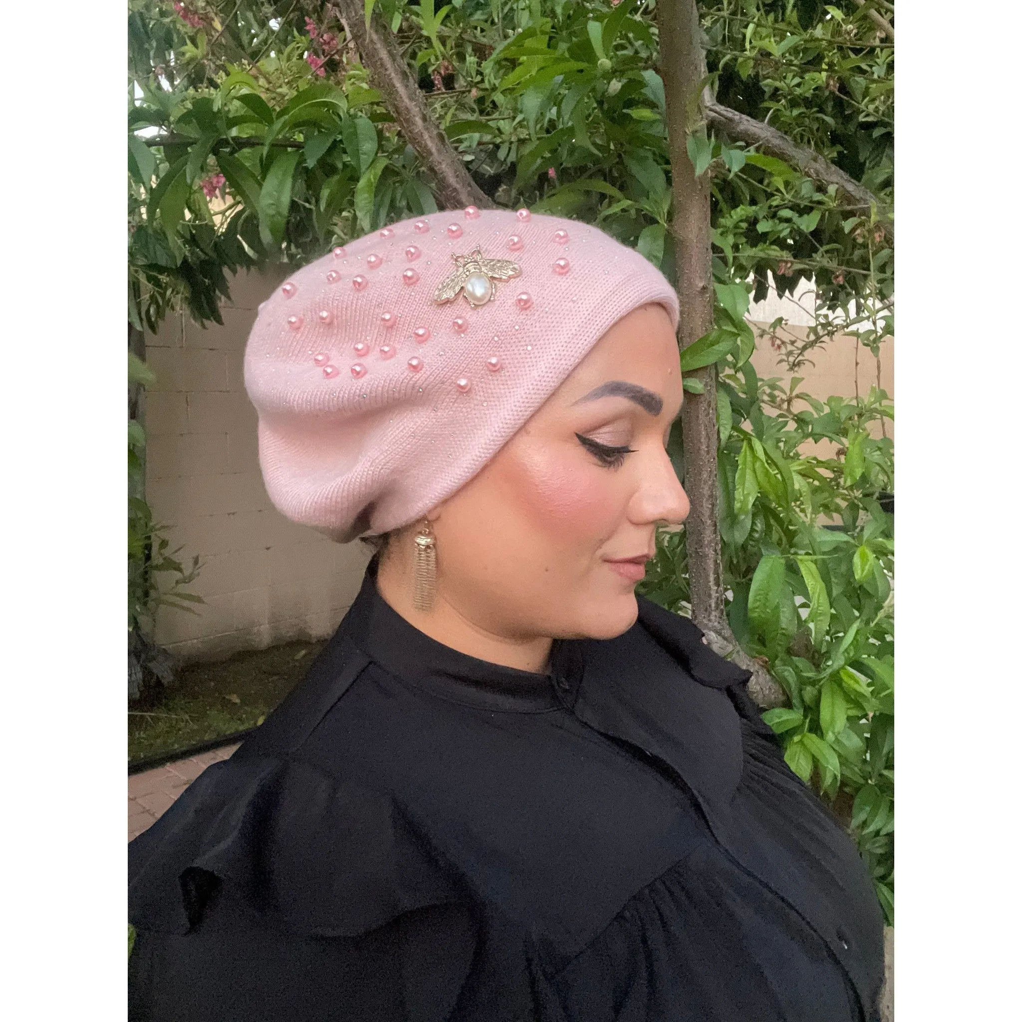 Yeela’s Exquisite Beret - Pink Pearls/Crystals